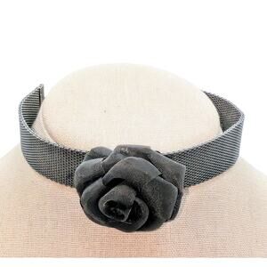 Gun Metal Mesh Metal Rose Choker 12"-17" Necklace